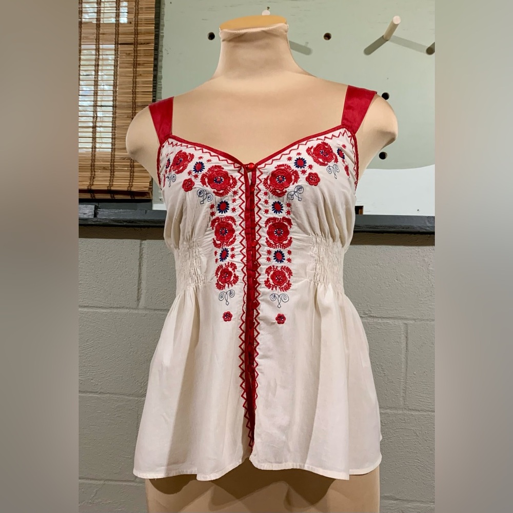 Embroidered Red and Cream Women's Top